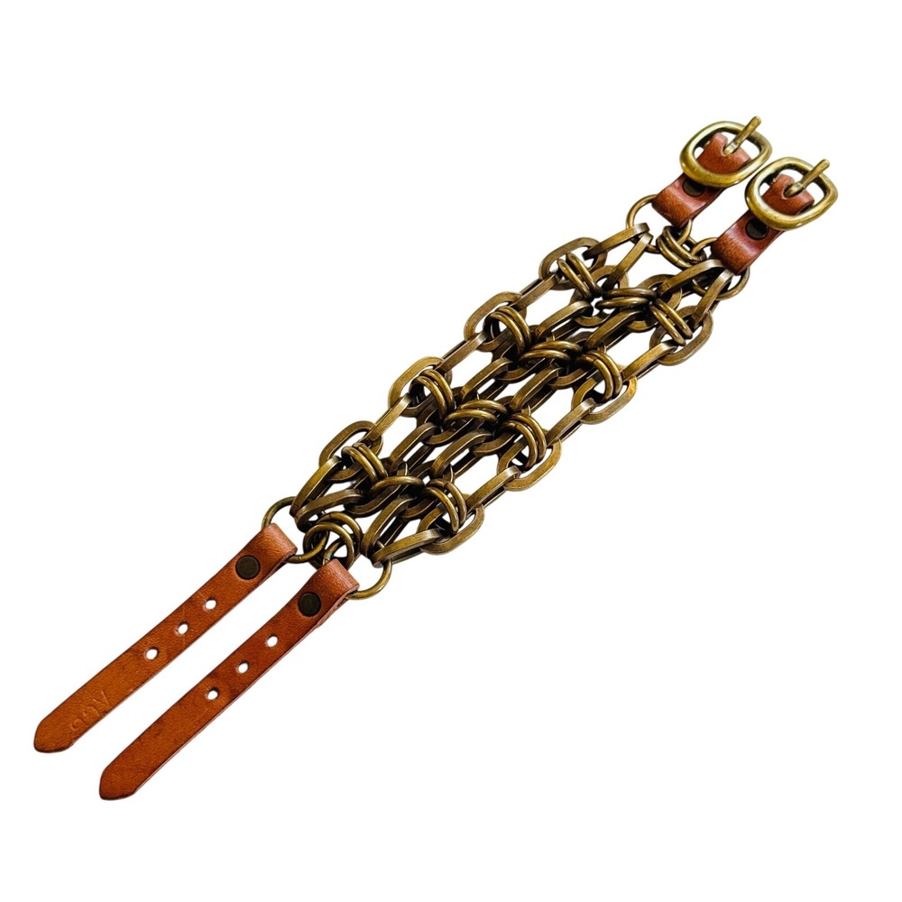Bracelet brass leather chunky multi strand MOD chain buckle BOHO Buckle rare